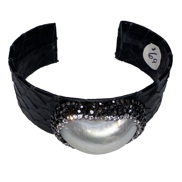 The Unbranded Brand Jewelry - Cuff Bracelet Pearl Shell Black Snakeskin Glitter Stones Halo Handmade